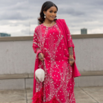 Red Dirac Dress with Feather Details