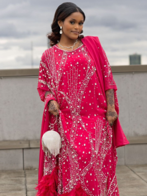 Red Dirac Dress with Feather Details