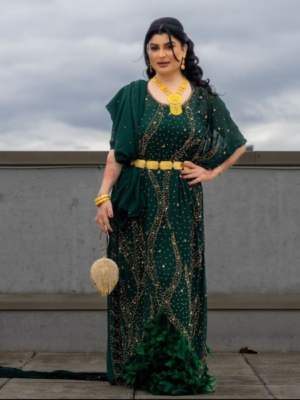 Green Dirac Dress with Golden Embellishments