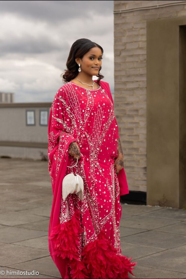 Red Dirac Dress with Feather Details